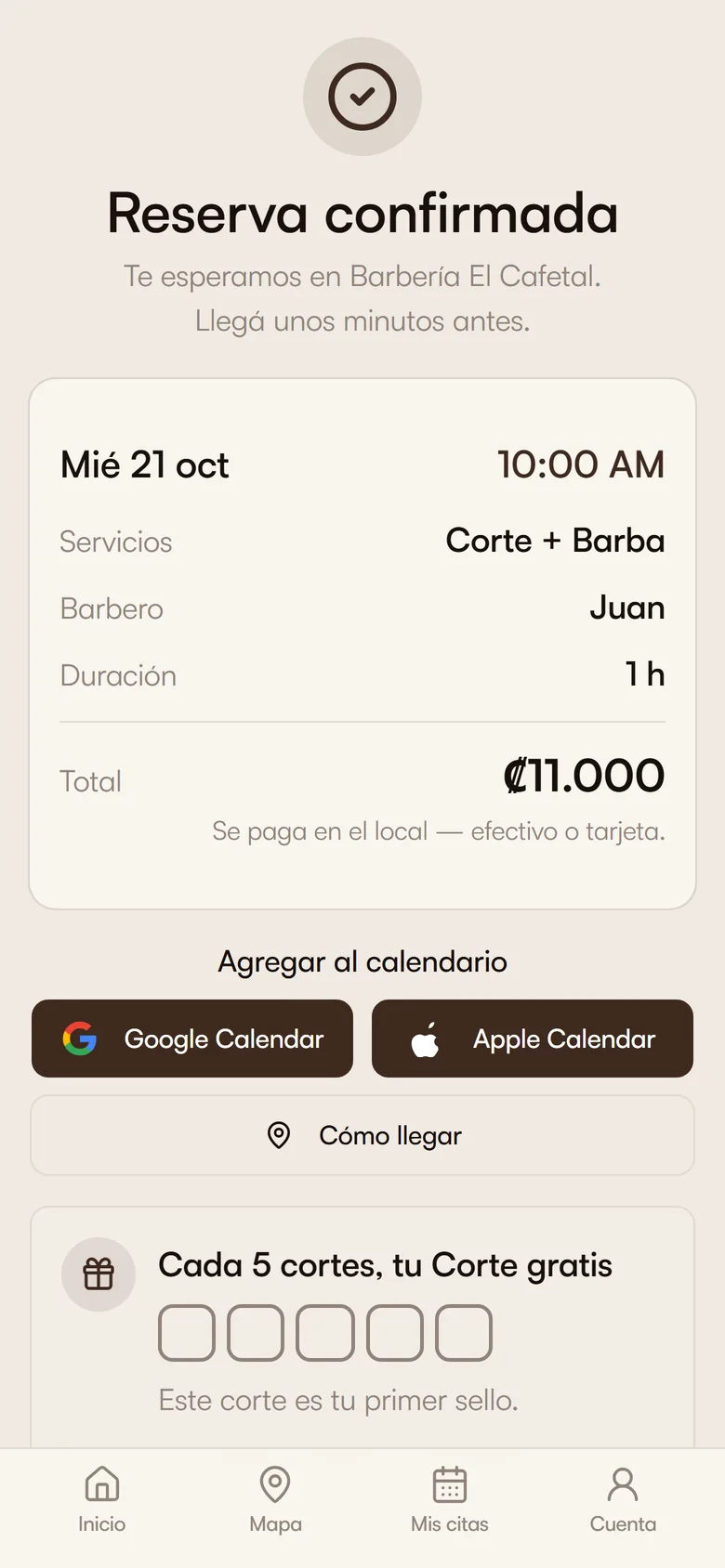 Reserva confirmada en el celular, con el detalle de la cita y los botones para agregarla al calendario