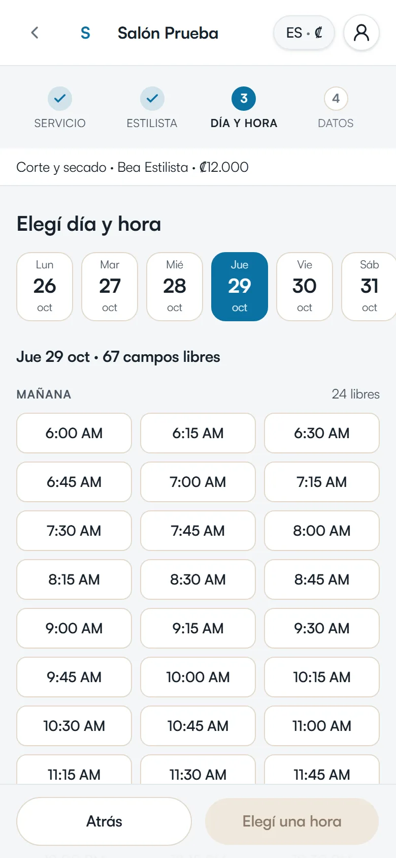 Paso de día y hora: el día elegido y los horarios libres del estilista